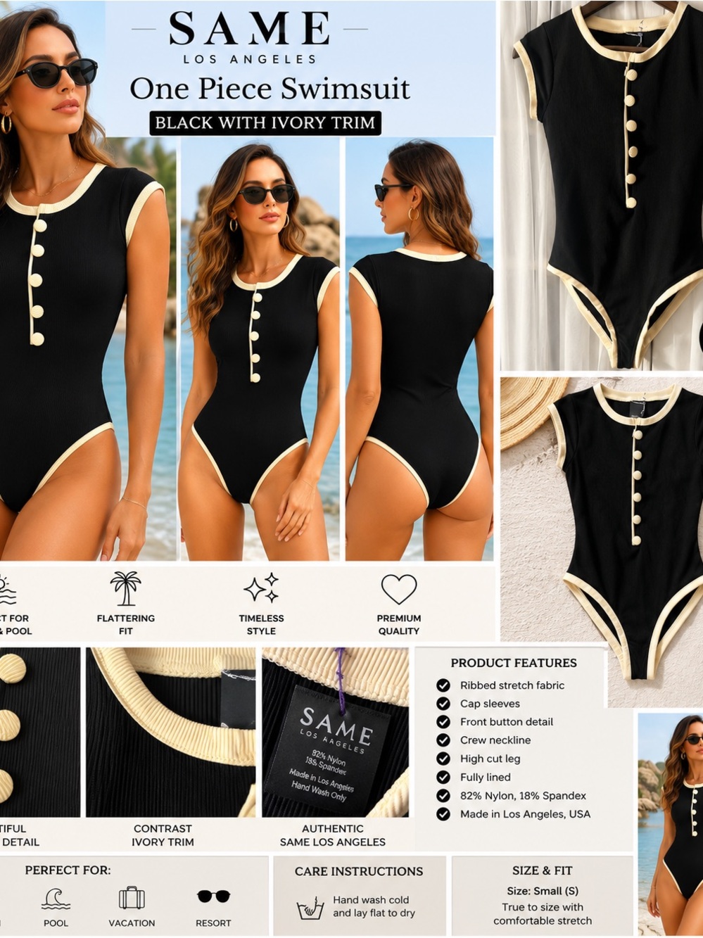 SAME Los Angeles The Grace One Piece Swimsuit Women’s Medium Ribbed Black/Cream